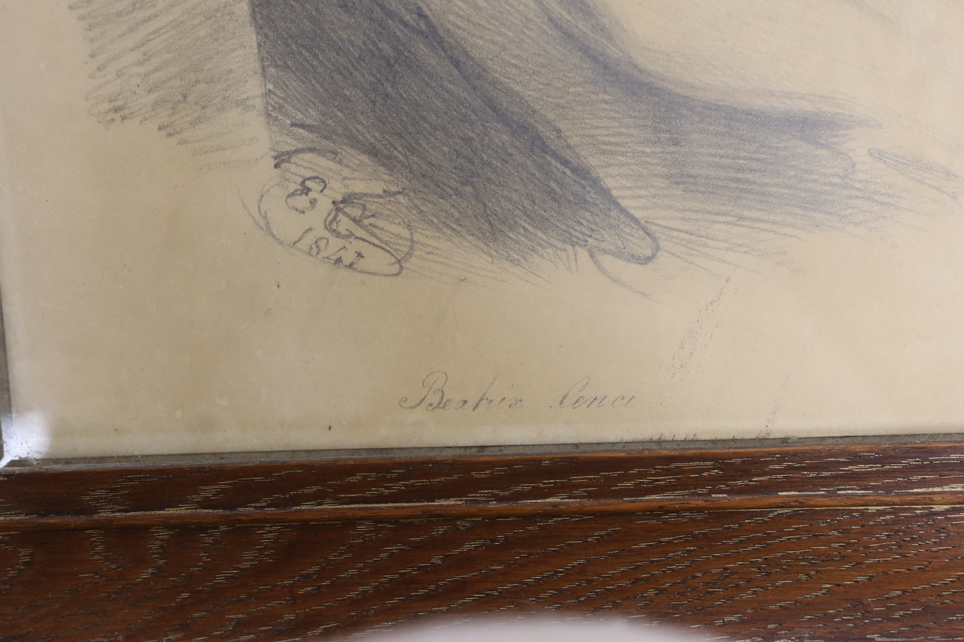 19th century School, pencil sketch, 'Beatrice Cenci', initialled E C and dated 1841, 33 x 25cm